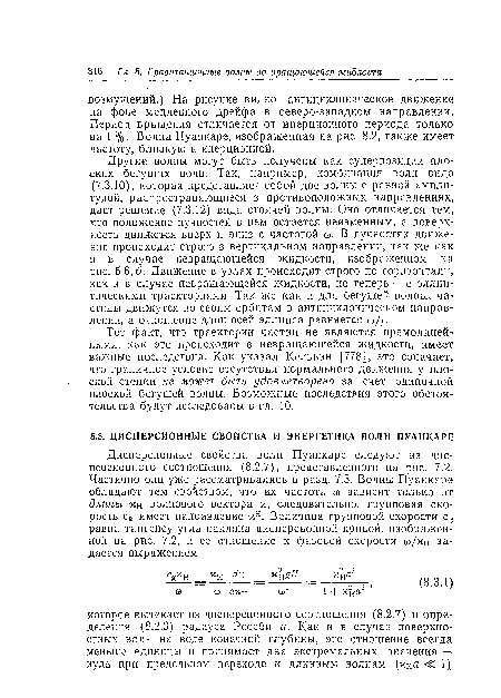 Тот факт, что траектории частиц не являются прямолинейными, как это происходит в невращающейся жидкости, имеет важные последствия. Как указал Кельвин [778], это означает, что граничное условие отсутствия нормального движения у плоской стенки не может быть удовлетворено за счет одиночной плоской бегущей волны. Возможные последствия этого обстоятельства будут исследованы в гл. 10.