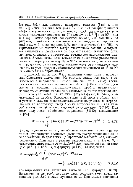 На рис. 8.9, в для примера приведено решение [648] с L = = U/ f . Энергия волн (см. разд. 8.7, рис. 8.7) распространяется вверх и вдоль по ветру под углом, который для различных волновых компонент меняется от 0° (для kr1 = U/ f ) до 90° (для k- oo). Таким образом, возмущение потока, изображенное на рисунке, происходит в основном в этом квадранте. Вертикальный масштаб имеет порядок U/N, как и в случаях (И) и (iii), но горизонтальный масштаб теперь значительно больше. Диаграмма начерчена в сильно сжатом горизонтальном масштабе (или, другими словами, в значительно растянутом вертикальном масштабе). Большинство волн выглядят на диаграмме расположенными в створе угла между 60° и 90° к горизонтали, но если ввести поправку, учитывающую искаженность вертикального масштаба, то углы будут в действительности изменяться от 1° до 90° по отношению к горизонтали.