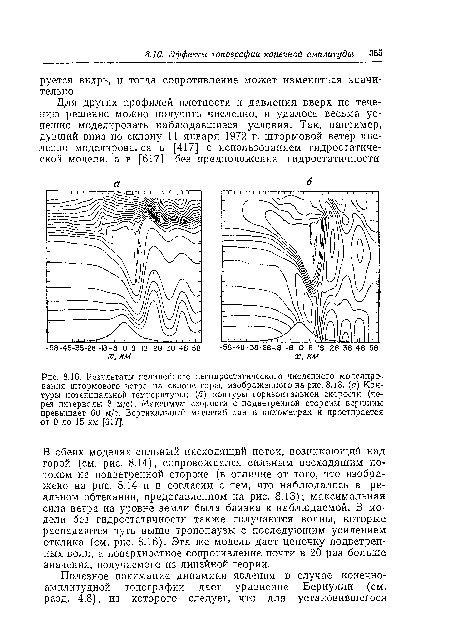 Результаты нелинейного иегидростатического численного моде лир о , вания штормового ветра на склоне горы, изображенного на рис. 8.13. (а) Контуры потенциальной температуры; (б) контуры горизонтальной скорости (через интервалы 8 м/с). Максимум скорости с подветренной стороны вершины превышает 60 м/с. Вертикальный масштаб дан в километрах и простирается от 0 до 15 км [617].