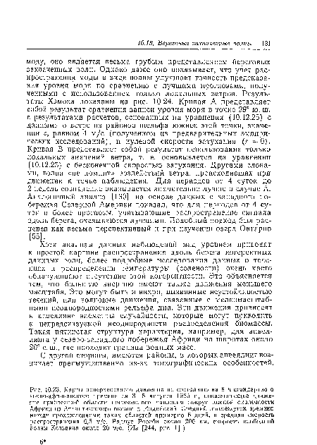 Карты поверхностного давления по состоянию на 8 ч стандартного южио-африканского времени за 3—5 августа 1965 г., показывающие движение прибрежной области пониженного давления вокруг южной оконечности Африки из Атлантического океана в Индийский. Средний промежуток времени между прохождениями таких областей примерно 6 дней, а средняя скорость распространения 6,5 м/с. Радиус Россби около 200 км, скорость свободной волны Кельвина около 20 м/с. (Из [244, рис. 1].)