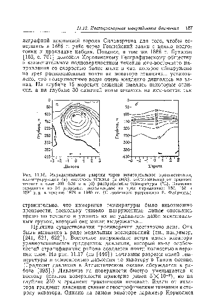 Меридиональные разрезы через экваториальное противотечение, иллюстрирующие (а) восточное течение (в см/с), отсчитываемое от среднего течения в слое 300—500 м и (б) распределение температуры (°С). Значения осреднены по 34 разрезам, выполненным на трех меридианах