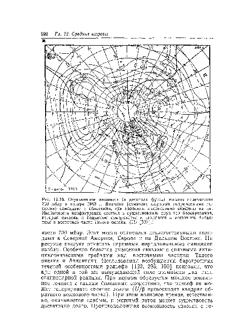 Осредненные изолинии (в десятках футов) высоты поверхности 700 мбар в январе 1963 г. Впадина (отмечена жирными непрерывными линиями) совпадает с областями, где изолинии максимально смещены на юг. Необычность конфигурации состоит в существовании двух зон блокирования, которые связаны с подъемом поверхности и находятся в восточной Атлантике и восточной части Тихого океана. (Из [597].)