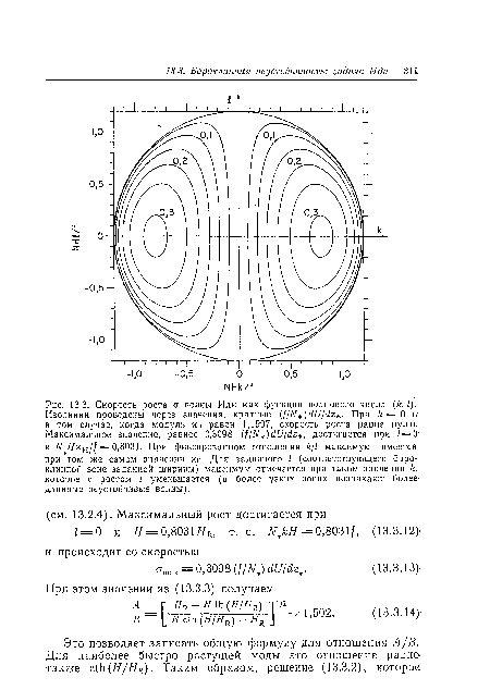 Скорость роста о волны Иди как функция волнового числа (&, /). Изолинии проведены через значения, кратные (1/Ы )сШ/йг . При /г = 0 № в том случае, когда модуль хн равен 1,1997, скорость роста равна нулю. Максимальное значение, равное 0,3098 (//Ы )сШ/с1г , достигается при / = 0  и Л^#%н// = 0,8031. При фиксированном отношении /г// максимум имеется при том же самом значении хн. Для заданного I (соответствующего баро-клинной зоне заданной ширины) максимум отмечается при таком значении которое с ростом I уменьшается (в более узких зонах возникают более-длинные неустойчивые волны).