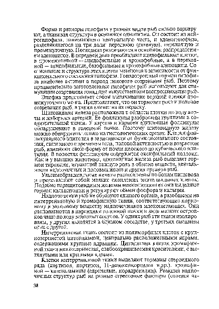 Надпочечники рыб не образуют единого органа, а разобщены на интерреналовую и хромафинную ткани, соответствующие корковому и мозговому веществу надпочечников млекопитающих. Они располагаются в паренхиме головной почки в виде мелких островков чаще по ходу венозных сосудов. У одних рыб эти ткани изолированы, у других находятся в близком соседстве, у третьих смешаны одна с другой.