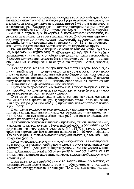 В основу заводского метода положено стимулирование созревания производителей гонадотропными гормонами — внутримышечной инъекцией суспензии гипофизов рыб или синтетических гормонов (хориогонина и др.).