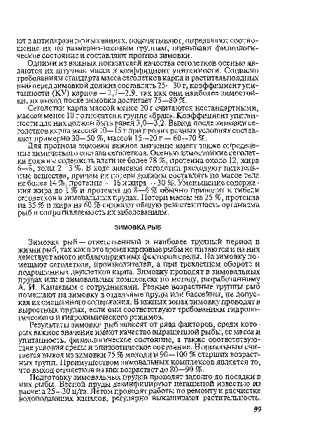 Результаты зимовки рыб зависят от ряда факторов, среди которых важное значение имеют качество выращенной рыбы, ее масса и упитанность, физиологическое состояние, а также соответствующие условия среды и эпизоотическое состояние. Нормальным считается выход из зимовки 75 % молоди и 90—100 % старших возрастных групп. Преимуществом зимовальных комплексов является то, что выход сеголетков из них возрастает до 80—90 %.