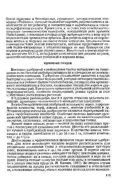 В качестве органических удобрений используют навоз, торфонавозные компосты, торф, птичий помет, зеленые удобрения и др. Лучшими органическими удобрениями являются перепревший навоз и торфонавозные компосты. Особенно полезно внесение органических удобрений в новые пруды, а также на малоплодородные песчаные, супесчаные, суглинистые и подзолистые почвы.