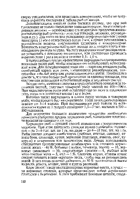 Дополнительная аэрация более полезна потому, что при ней происходит не только насыщение воды кислородом, но и проветри-рование водоема — освобождение его от вредных продуктов жизнедеятельности рыб (избытка диоксида углерода, аммиака, сероводорода и др.). Для этого на дно укладывают перфорированные трубки диаметром 15 мм с отверстиями около 2 мм, а лучше устанавливать распылители воздуха, соединенные шлангами с компрессором. Мощность компрессора выбирают, исходя из площади пруда и необходимого расхода воздуха. Частоту включения компрессора можно установить с помощью автоматики, или достаточно проводить аэрацию даже 1 раз в неделю в течение 0,5—1,0 ч.