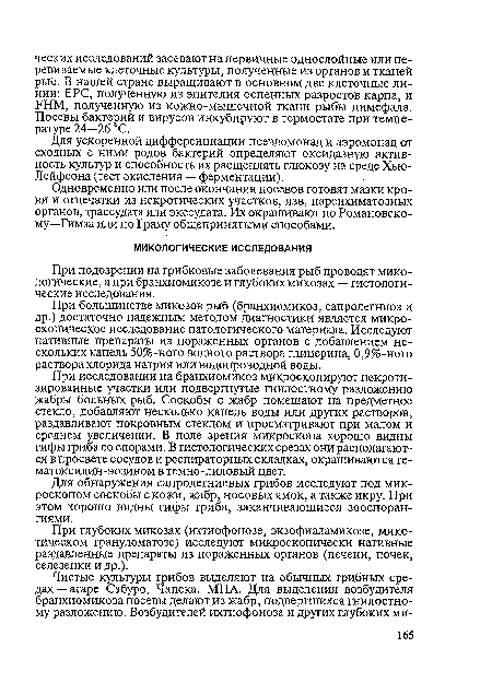 При большинстве микозов рыб (бранхиомикоз, сапролегниоз и др.) достаточно надежным методом диагностики является микроскопическое исследование патологического материала. Исследуют нативные препараты из пораженных органов с добавлением нескольких капель 50%-ного водного раствора глицерина, 0,9%-ного раствора хлорида натрия или водопроводной воды.