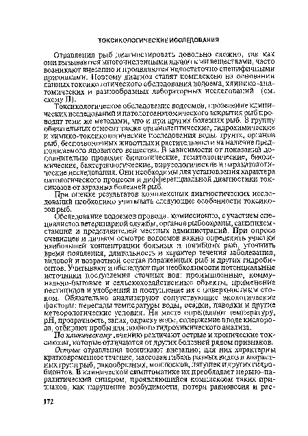 Токсикологическое обследование водоемов, проведение клинических исследований и патологоанатомического вскрытия рыб проводят теми же методами, что и при других болезнях рыб. В группу обязательных относят также органолептические, гидрохимические и химико-токсикологические исследования воды, грунта, органов рыб, беспозвоночных животных и растительности на наличие предполагаемого ядовитого вещества. В зависимости от показаний дополнительно проводят биологические, гематологические, биохимические, бактериологические, вирусологические и паразитологические исследования. Они необходимы для установления характера патологического процесса и дифференциальной диагностики токсикозов от заразных болезней рыб.