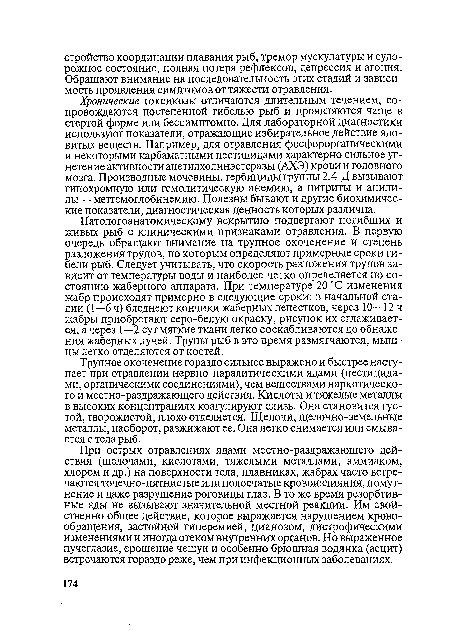 При острых отравлениях ядами местно-раздражающего действия (щелочами, кислотами, тяжелыми металлами, аммиаком, хлором и др.) на поверхности тела, плавниках, жабрах часто встречаются точечно-пятнистые или полосчатые кровоизлияния, помутнение и даже разрушение роговицы глаз. В то же время резорбтив-ные яды не вызывают значительной местной реакции. Им свойственно общее действие, которое выражается нарушением кровообращения, застойной гиперемией, цианозом, дистрофическими изменениями и иногда отеком внутренних органов. Но выраженное пучеглазие, ерошение чешуи и особенно брюшная водянка (асцит) встречаются гораздо реже, чем при инфекционных заболеваниях.