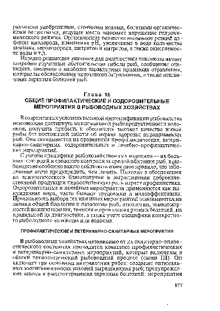 С учетом специфики рыбохозяйственных водоемов — их больших площадей и сложного контроля за средой обитания рыб, в рыбоводстве особенно важно соблюдать известное правило, что заболевание легче предупредить, чем лечить. Поэтому в обеспечении их эпизоотического благополучия и выращивании доброкачественной продукции первостепенную роль играет профилактика. Оздоровительные и лечебные мероприятия применяются как вынужденная мера, часто бывают трудоемки и малоэффективны. Правильность выбора тех или иных мероприятий основывается на знании общей биологии и патологии рыб, этиологии, закономерностей возникновения, течения и проявления разных болезней, на правильной их диагностике, а также учете специфики конкретного рыбоводного хозяйства или водоема.