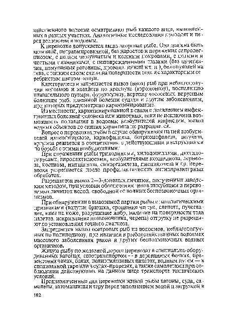 Категорически запрещается вывоз (ввоз) рыб при неблагополучии водоемов и хозяйств по краснухе (аэромонозу), воспалению плавательного пузыря, фурункулезу, вертежу лососевых, вирусным болезням рыб, язвенной болезни судака и другим заболеваниям, при которых предусмотрено карантинирование.