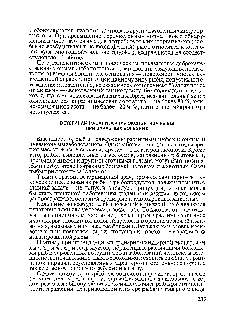 Таким образом, ветеринарный врач, проводя санитарно-гигие-нические исследования рыбы и рыбопродуктов, должен помнить о главной задаче — не допустить выпуск продукции, которая могла бы стать причиной заболевания людей или явиться источником распространения болезней среди рыб и теплокровных животных.