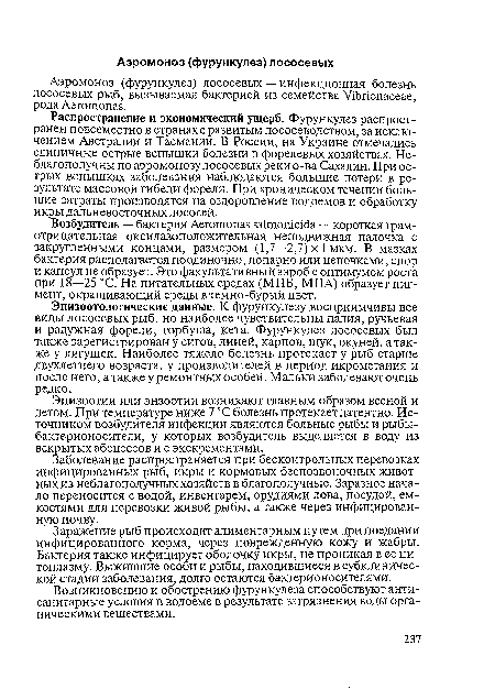 Распространение и экономический ущерб. Фурункулез распространен повсеместно в странах с развитым лососеводством, за исключением Австралии и Тасмании. В России, на Украине отмечались единичные острые вспышки болезни в форелевых хозяйствах. Неблагополучны по аэромонозу лососевых реки о-ва Сахалин. При острых вспышках заболевания наблюдаются большие потери в результате массовой гибели форели. При хроническом течении большие затраты производятся на оздоровление водоемов и обработку икры дальневосточных лососей.