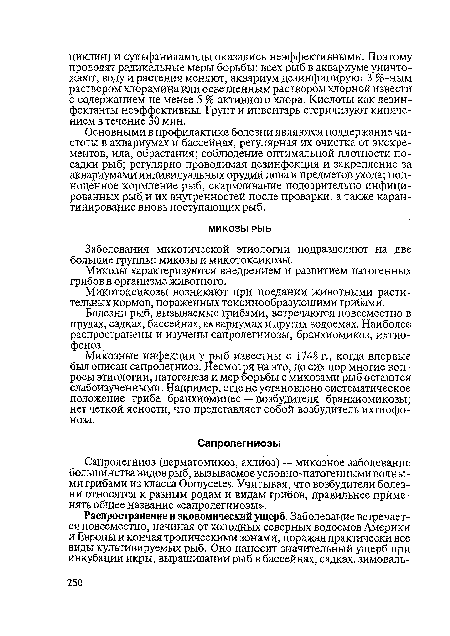 Болезни рыб, вызываемые грибами, встречаются повсеместно в прудах, садках, бассейнах, аквариумах и других водоемах. Наиболее распространены и изучены сапролегниозы, бранхиомикоз, ихтио-фоноз.