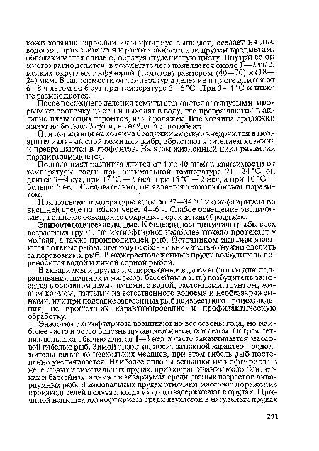 После последнего деления томиты становятся вытянутыми, прорывают оболочку цисты и выходят в воду, где превращаются в активно плавающих теронтов, или бродяжек. Вне хозяина бродяжки живут не больше 3 сут и, не найдя его, погибают.