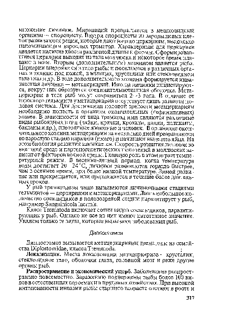 Класс ТгетаЮёа включает сотни видов сосальщиков, паразитирующих у рыб. Однако не все из них имеют патогенное значение. Укажем только те виды, которые вызывают заболевания рыб.