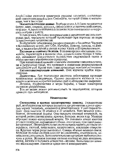 Систематика и краткая характеристика нематод. Гельминтозы рыб, возбудителями которых являются представители класса круглых червей ЫегсШоёа, называются нематодозами. У рыб паразитируют представители 50 отрядов и 22 семейств. Тело нематод удлиненное, нитевидной формы. Оно покрыто плотной кутикулой, на которой расположены шипы, крючья, бугорки, валки и др. Мышцы образуют кожно-мускульный мешок. На головном конце имеется ротовое отверстие, окруженное губами, сосочками, чувствительными органами. Пищеварительная система представлена ротовым отверстием, глоткой, пищеводом, кишечником, анальным отверстием. Круглые черви раздельнополые. Самцы обычно меньше самок. Мужская половая система состоит из семенника, семяпровода, се-мявыносящего канала. Вспомогательными органами являются спи-кулы и рулек. Женская половая система состоит из двух яичников, матки, вагины и полового отверстия—вульвы. Большинство нематод яйцекладущие. Имеются среди них и живородящие.