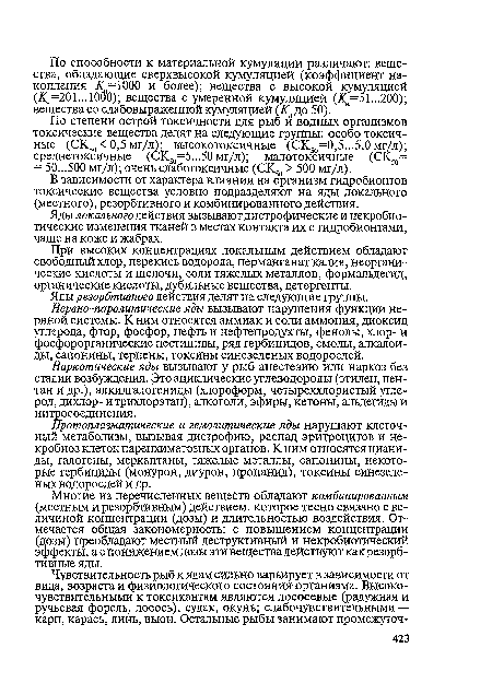 В зависимости от характера влияния на организм гидробионтов токсические вещества условно подразделяют на яды локального (местного), резорбтивного и комбинированного действия.