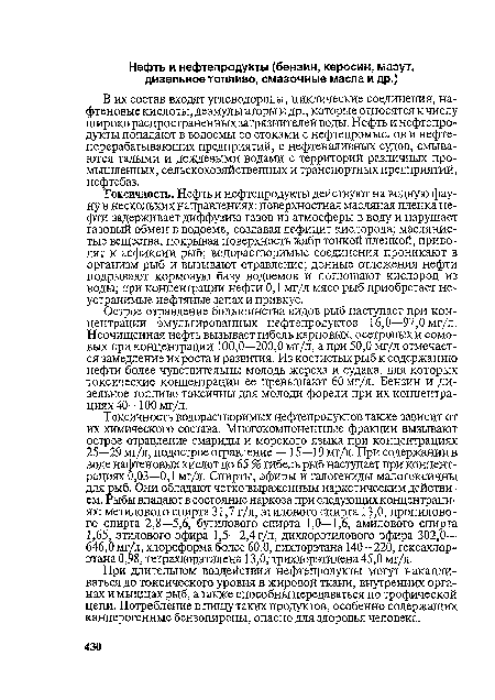 Острое отравление большинства видов рыб наступает при концентрации эмульгированных нефтепродуктов 16,0—97,0 мг/л. Неочищенная нефть вызывает гибель карповых, осетровых и сомовых при концентрации 100,0—200,0 мг/л, а при 50,0 мг/л отмечается замедление их роста и развития. Из костистых рыб к содержанию нефти более чувствительны молодь жереха и судака, для которых токсические концентрации ее превышают 60 мг/л. Бензин и дизельное топливо токсичны для молоди форели при их концентрациях 40— 100 мг/л.