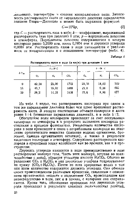 Из табл. 4 видно, что растворимость кислорода при одном и том же парциальном давлении более чем вдвое превышает растворимость азота. В воздухе соотношение объемов кислорода и азота равно 1 :4 (отношение парциальных давлений), а в воде 1 :2.