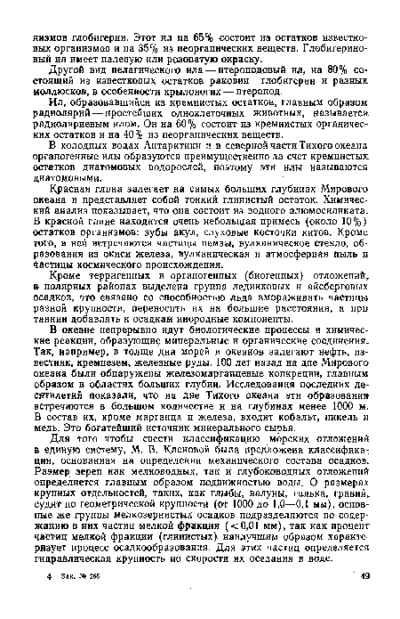 Другой вид пелагического ила — птероподовый ил, на 80% состоящий из известковых остатков раковин глобигерин и разных моллюсков, в особенности крылоногих — птеропод.