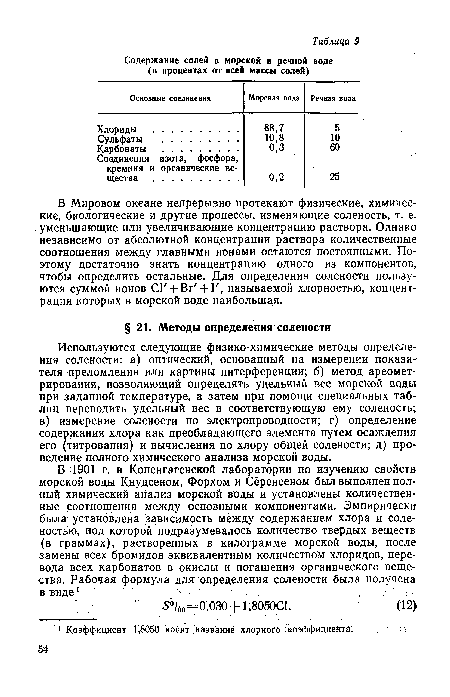 В Мировом океане непрерывно протекают физические, химические, биологические и другие процессы, изменяющие соленость, т. е. уменьшающие или увеличивающие концентрацию раствора. Однако независимо от абсолютной концентрации раствора количественные соотношения между главными ионами остаются постоянными. Поэтому достаточно знать концентрацию одного из компонентов, чтобы определить остальные. Для определения солености пользуются суммой ионов Cl + Br + I , называемой хлорностью, концентрация которых в морской воде наибольшая.