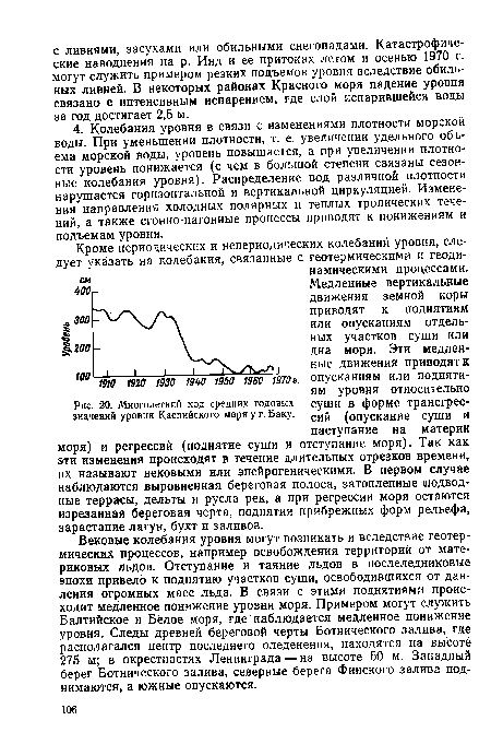 Вековые колебания уровня могут возникать и вследствие геотермических процессов, например освобождения территорий от материковых льдов. Отступание и таяние льдов в послеледниковые эпохи привело к поднятию участков суши, освободившихся от давления огромных масс льда. В связи с этими поднятиями происходит медленное понижение уровня моря. Примером могут служить Балтийское и Белое моря, где наблюдается медленное понижение уровня. Следы древней береговой черты Ботнического залива, где располагался центр последнего оледенения, находятся на высоте 275 м; в окрестностях Ленинграда — на высоте 50 м. Западный берег Ботнического залива, северные берега Финского залива поднимаются, а южные опускаются.