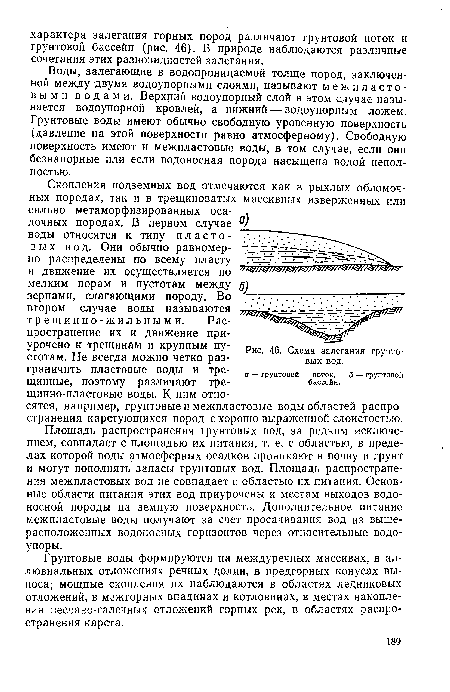 Площадь распространения грунтовых вод, за редким исключением, совпадает с площадью их питания, т. е. с областью, в пределах которой воды атмосферных осадков проникают в почву и грунт и могут пополнять запасы грунтовых вод. Площадь распространения межпластовых вод не совпадает с областью их питания. Основные области питания этих вод приурочены к местам выходов водоносной породы на земную поверхность. Дополнительное питание межпластовые воды получают за счет просачивания вод из выше-расположенных водоносных горизонтов через относительные водо-упоры.