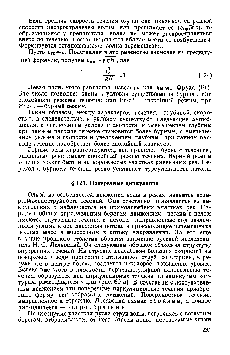 Горные реки характеризуются, как правило, бурным течением, равнинные реки имеют спокойный режим течения. Бурный режим течения может быть и на порожистых участках равнинных рек. Переход к бурному течению резко усиливает турбулентность потока.