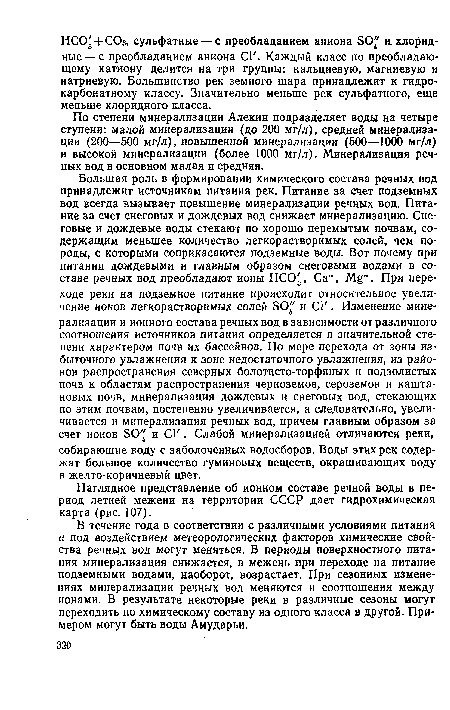 Наглядное представление об ионном составе речной воды в период летней межени на территории СССР дает гидрохимическая карта (рис. 107).