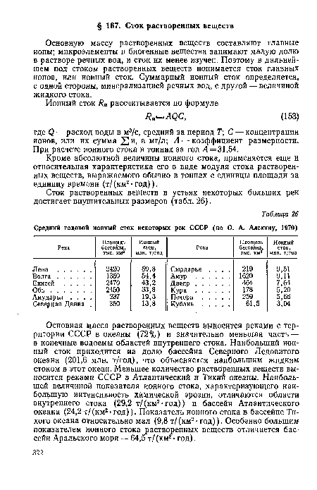 Основную массу растворенных веществ составляют главные ионы; микроэлементы и биогенные вещества занимают малую долю в растворе речных вод, и сток их менее изучен. Поэтому в дальнейшем под стоком растворенных веществ понимается сток главных ионов, или ионный сток. Суммарный ионный сток определяется, с одной стороны, минерализацией речных вод, с другой — величиной жидкого стока.