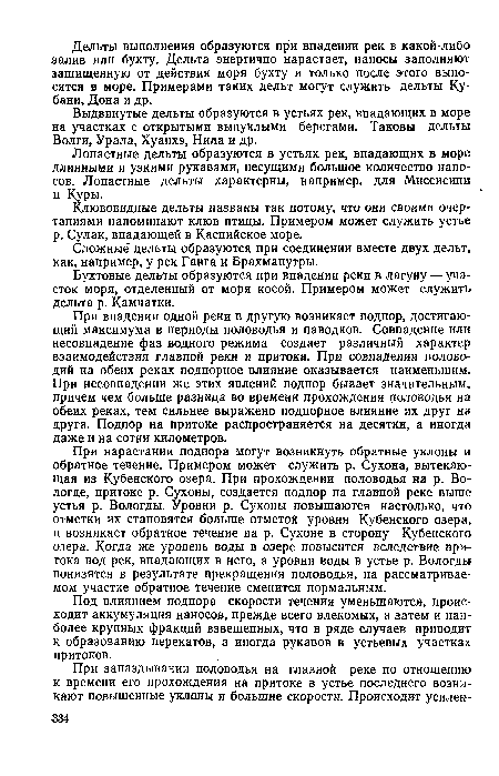 Выдвинутые дельты образуются в устьях рек, впадающих в море на участках с открытыми выпуклыми берегами. Таковы дельты Волги, Урала, Хуанхэ, Нила и др.