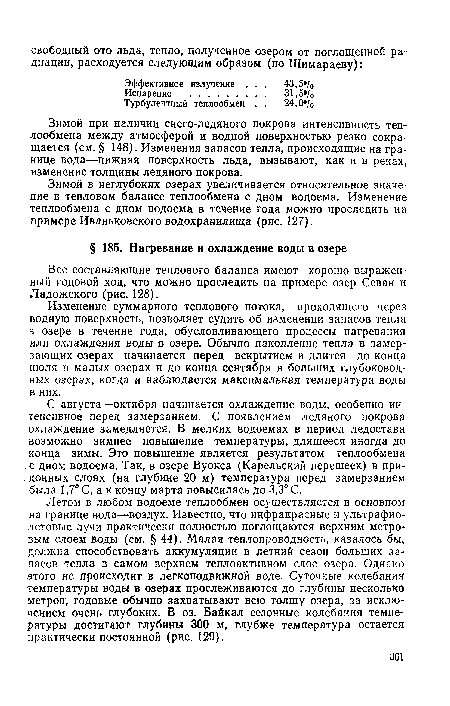 Все составляющие теплового баланса имеют хорошо выраженный годовой ход, что можно проследить на примере озер Севан и Ладожского (рис. 128).