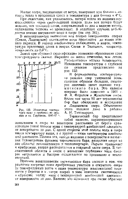 При ледоставе, как указывалось, потери тепла из водоема осуществляются через снего-ледяной покров. Если эти потери будут меньше, чем тепловой поток, направленный от дна в водную толщу, охлаждения водоема не происходит. В подобных случаях наблюдается зимнее нагревание воды в озере (см. стр. 361).