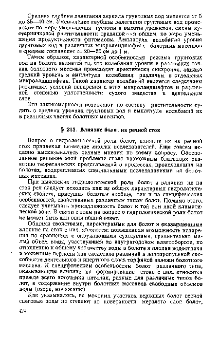 Эти закономерности позволяют по составу растительности судить о средних уровнях грунтовых вод и амплитуде колебаний их в различных частях болотных массивов.