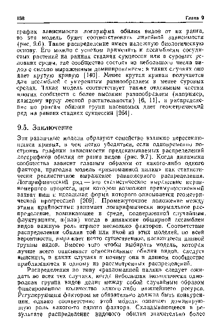 Эти различные модели образуют семейство взаимно пересекающихся кривых, в чем легко убедиться, если одновременно построить графики зависимости предсказываемых распределений логарифмов обилия от ранга видов (рис. 9.7). Когда динамика сообщества зависит главным образом от какого-либо одного фактора, пригодна модель «разломанной палки» как статистически реалистичное выражение равномерного распределения. Логарифмический ряд — это статистическое выражение неравномерного процесса, при котором возможен преимущественный захват ниш и идеальная форма которого описывается геометрической прогрессией [209]. Промежуточное положение между этими крайностями занимает логарифмически нормальное распределение, возникающее в среде, подверженной случайным, флуктуациям, и (или) когда в динамике обширной ассамблеи видов важную роль играют несколько факторов. Соответствие распределения обилия той или иной из этих моделей, по всей вероятности, выражает нечто существенное, касающееся данной группы видов. Вместо того чтобы выбирать модель, которая лучше всего описывает относительные обилия видов, следует выяснить, в каких случаях и почему они в данном сообществе приближаются к одному из рассмотренных распределений.