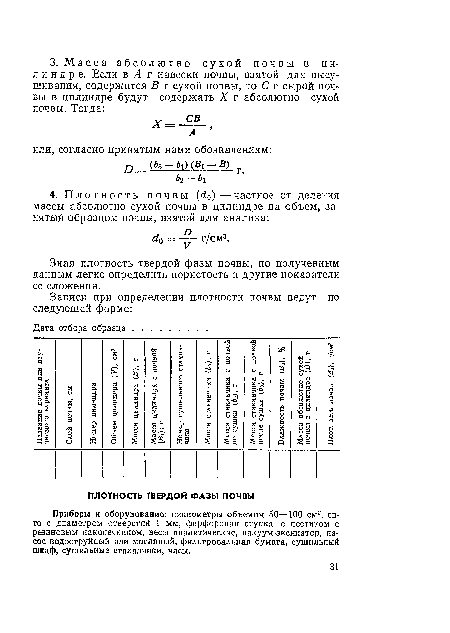 Зная плотность твердой фазы почвы, по полученным данным легко определить пористость и другие показатели ее сложения.