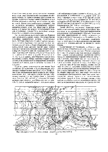 Карта возрастала океана (цифры - возрастдна в млн лет), по [343]