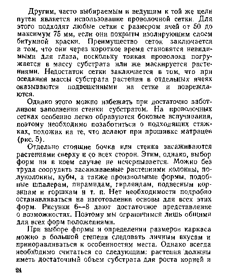 Однако этого можно избежать при достаточно заботливом заполнении стенки субстратом. На проволочных сетках особенно легко образуются боковые вспучивания, поэтому необходимо позаботиться о подходящих стяжках, похожих на те, что делают при прошивке матрацев (рис. 5).