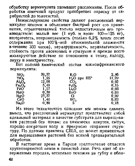 Из этого технического описания мы можем сделать вывод, что расслоенный вермикулит представляет собой идеальный материал в качестве субстрата для выращивания растений без почвы: он химически инертен, сыпуч, хорошо поглощает воду и прекрасно сохраняет структуру. По данным практики США, он может применяться для выращивания растений без всякой предварительной обработки.