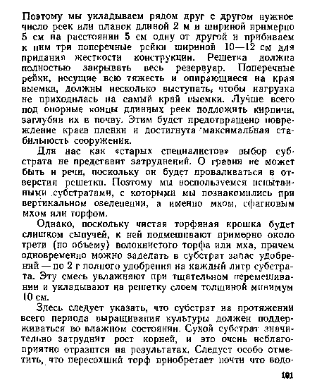 Для нас как «старых специалистов» выбор субстрата не представит затруднений. О гравии не может быть и речи, поскольку он будет проваливаться в отверстия решетки. Поэтому мы воспользуемся испытанными субстратами, с которыми мы познакомились при вертикальном озеленении, а именно мхом, сфагновым мхом или торфом.