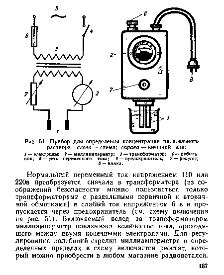 Нормальный переменный ток напряжением 110 или 220в преобразуется сначала в трансформаторе (из соображений безопасности можно пользоваться только трансформаторами с раздельными первичной и вторичной обмотками) в слабый ток напряжением 6 в и пропускается через предохранитель (см. схему включения на рис. 51). Включаемый вслед за трансформатором миллиамперметр показывает количество тока, проходящего между двумя конечными электродами. Для регулирования колебаний стрелки миллиамперметра в определенных пределах в схему включается реостат, который можно приобрести в любом магазине радиодеталей.