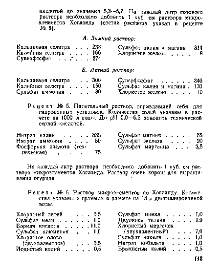 На каждый литр раствора необходимо добавить I куб. см раствора микроэлементов Хогланда. Раствор очень хорош для выращивания огурцов.