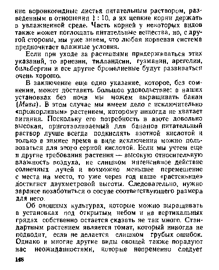 В заключение еще одно указание, которое, без сомнения, может доставить большое удовольствие: в наших установках без почв мы можем выращивать банан (Мыяи). В этом случае мы имеем дело с исключительно «прожорливым» растением, которому никогда не хватает питания. Поскольку его потребность в азоте довольно высокая, приготавливаемый для бананов питательный раствор лучше всегда подкислять азотной кислотой и только в зимнее время в виде исключения можно пользоваться для этого серной кислотой. Если мы учтем еще и другие требования растения — высокую относительную влажность воздуха, не слишком интенсивное действие солнечных лучей и возможно меньшее перемещение с места на место, то уже через год наше «растеньице» достигнет двухметровой высоты. Следовательно, нужно заранее позаботиться о сосуде соответствующего размера для него.