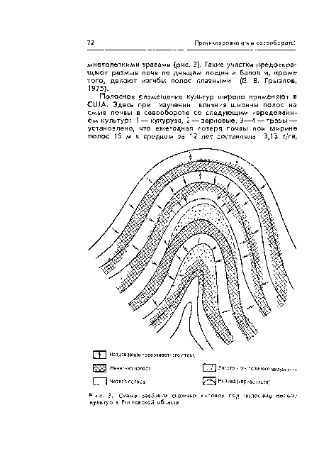 Схема разбивки сложных	склонов под полосные посевы культур в Ростовской области