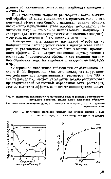 Магнитная обработка ускоряет растворение накипи в воде I — обычная вода, 2 — вода после магнитной обработки