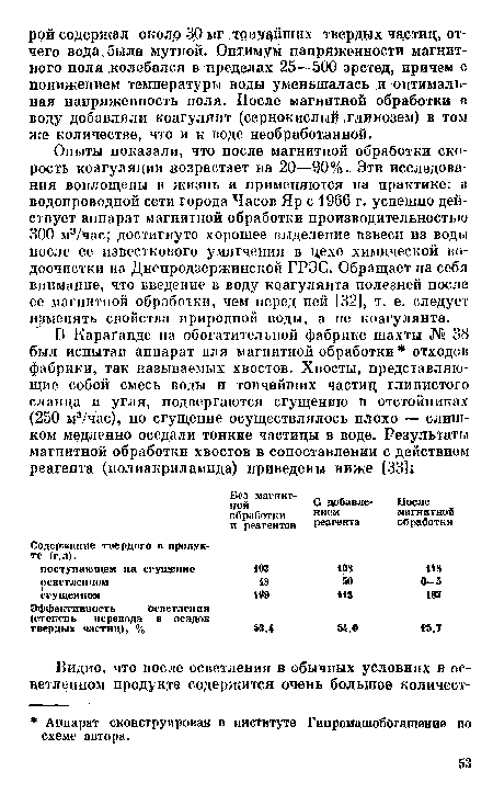 Опыты показали, что после магнитной обработки скорость коагуляции возрастает на 20—90%. Эти исследования воплощены в жизнь и применяются на практике: к водопроводной сети города Часов Яр с 1966 г. успешно действует аппарат магнитной обработки производительностью 300 м3/час; достигнуто хорошее выделение взвеси из воды после ее известкового умягчения в цехе химической водоочистки на Днепродзержинской ГРЭС. Обращает на себя внимание, что введение в воду коагулянта полезней после ее магнитной обработки, чем перед ней [32], т. е. следует изменять свойства нриродпой поды, а не коагулянта.