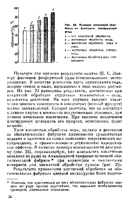 Хотя магнитная, обработка воды, пульпы и реагентов на обогатительных фабриках применяется сравнительно недавно и зиждется на самых начальных теоретических исследованиях, в промышленности установлены определенные эффекты. В качестве примера можно привести диаграмму (рис. 24), показывающую, как изменялось извлечение металлов из руды на Алмалыкской свинцово-цинковой обогатительной фабрике при. включении и выключении аппаратов для магнитной обработки пульпы (рис. 25).